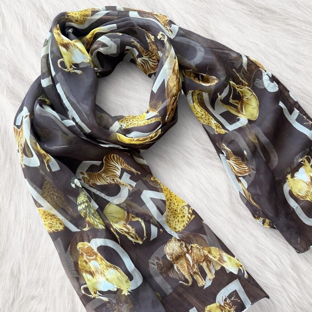 Brown and yellow gold animal print scarf | Peacock, tiger, lion Safari Print